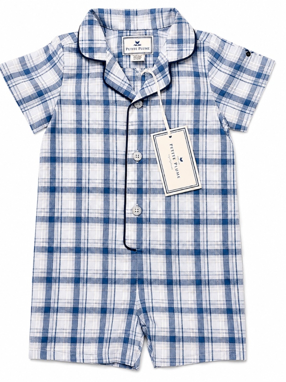 NWT Petite Plume Summer Boys Romper Pajamas in Blue Seafarer Tartan, 12-18M